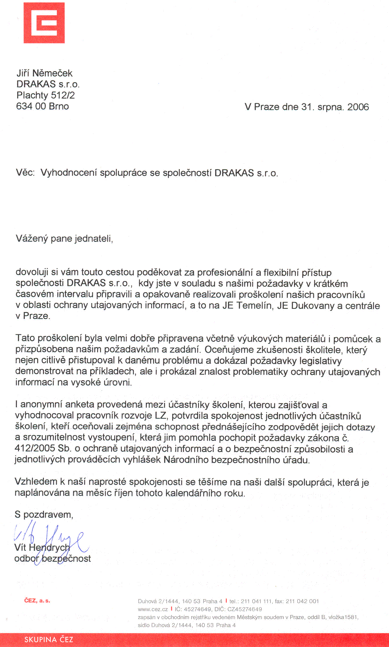 reference �EZ, a.s. - �kolen� ochrana utajovan�ch informac�