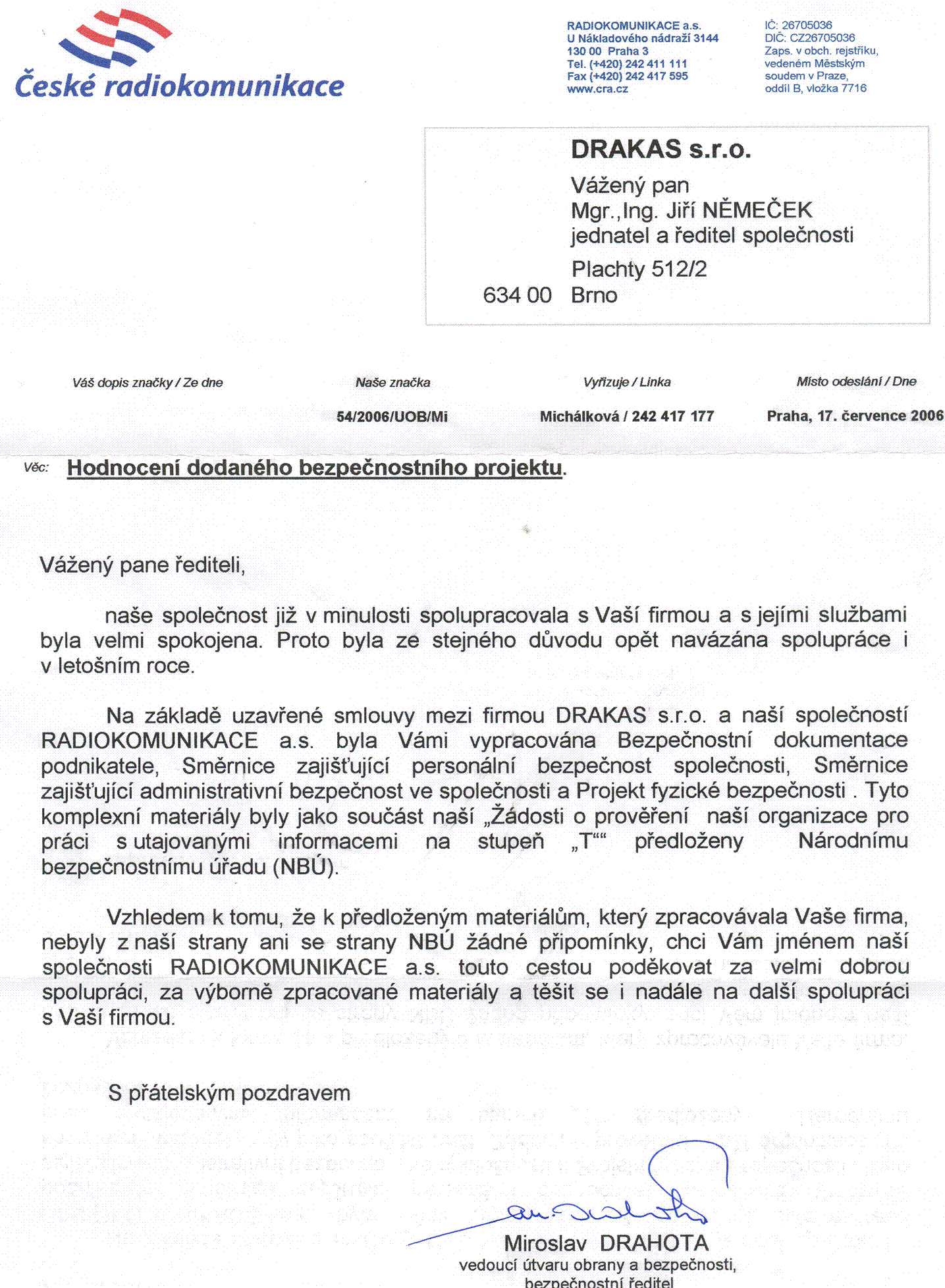 reference -  �esk� Radiokomunikace a.s. - zpracov�n� bezpe�nostn� dokumentace podnikatele